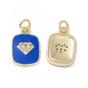 Brass Micro Pave Cubic Zirconia Charms, Enamel Style, Real 18K Gold Plated, Rectangle with Diamond Pattern Charm, with Jump Ring, Blue, 16x11x2mm, Hole: 3.3mm