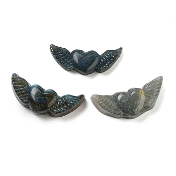 Natural Labradorite Carved Cabochons, Heart with Angel Wings, 16.5~19.5x42~43.5x8.5~12.5mm