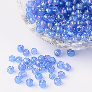 6/0 Transparent Rainbow Colours Round Glass Seed Beads, Cornflower Blue, Size: about 4mm in diameter, hole:1.5mm, about 495pcs/50g