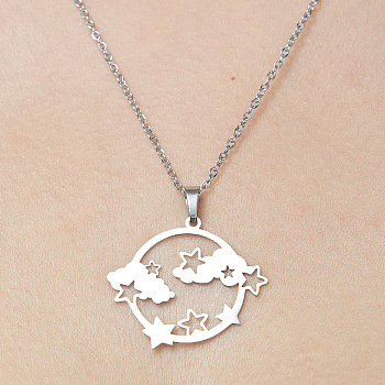 201 Stainless Steel Hollow Cloud & Star Pendant Necklace, Stainless Steel Color, 17.72 inch(45cm)