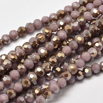 Half Rainbow Plated Electroplate Glass Beads Strands, Faceted Round, Plum, 4mm, Hole: 1mm, about 100pcs/strand, 14.9 inch