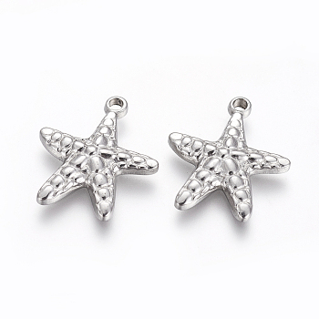 Tarnish Resistant 304 Stainless Steel Pendants, Starfish/Sea Stars, Stainless Steel Color, 23~23.3x19.7~19.8x3~4mm, Hole: 1.8~2mm