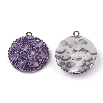 Polymer Clay Rhinestone Pendants, with Gemstone Chip and PU Leather, Half Round, Medium Purple, 26x23x8mm, Hole: 1.5mm