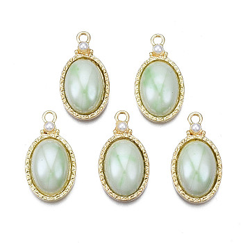 Rack Plating Alloy Pendants, with Porcelain and ABS Plastic Imitation Pearl, Long-Lasting Plated, Golden, Cadmium Free & Lead Free, Oval, Yellow Green, 23.5x13x5.5mm, Hole: 2mm
