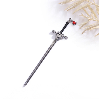 Ancient-Costume Style Alloy Hair Sticks for Women, Glass Sword Hairpin Chopsticks, Gunmetal, 205x45mm