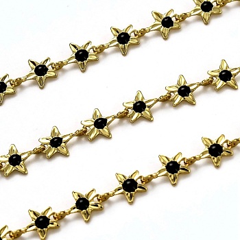 Brass Link Chains, with Enamel, Spool, Long-Lasting Plated, Unwelded, Star, Golden, Black, Link: 9x6.1x1.5mm