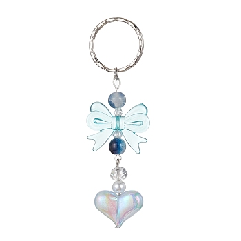 Acrylic Heart with Bowknot Keychains, with Glass Beads and Iron Keychain Clasp, Light Blue, 9.4cm
