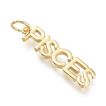 Brass Pendants, with Jump Rings, Long-Lasting Plated, Constellation/Zodiac Sign, Word, Pisces, 27.5x6.5x2mm, Hole: 4.5mm