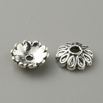 Tibetan Style Alloy Bead Cap, Flower, Multi-Petal, Antique Silver, 8x2.5mm, Hole: 1.5mm, 50pcs/bag