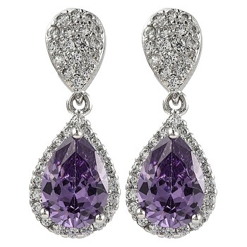 Rack Plating Brass Micro Pave Cubic Zirconia Dangle Stud Earrings, Teardrop, Purple, 24x10mm