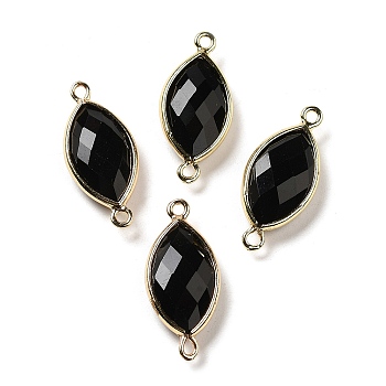 Natural Obsidian Faceted Connector Charms, Rack Plating Brass Horse Eye Links, Golden, 25x11.5x5.5mm, Hole: 1.6mm