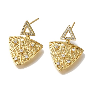 Rack Plating Brass Micro Pave Clear Cubic Zirconia Stud Earrings, Long-Lasting Plated, Triangle, Real 18K Gold Plated, 26x18mm