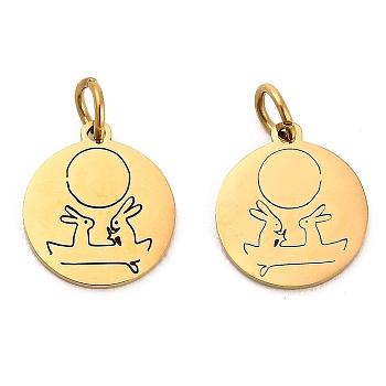 304 Stainless Steel Charms, with Jump Ring, Flat Round Charm, Laser Cut, Golden, Rabbit, 13.5x11.5x1mm, Hole: 3.4mm