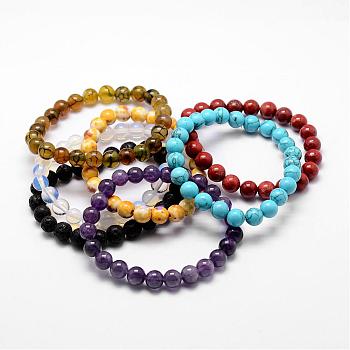 Natural & Synthetic Gemstone Beaded Stretch Bracelets, Round, 52mm, Bead: 8mm in diameter
