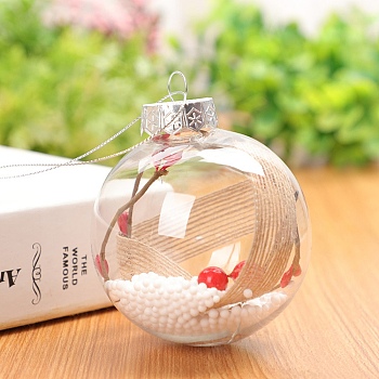 Transparent Plastic Fillable Ball Pendants Decorations, with Rattan inside, Christmas Tree Hanging Ornament, Clear, 80mm