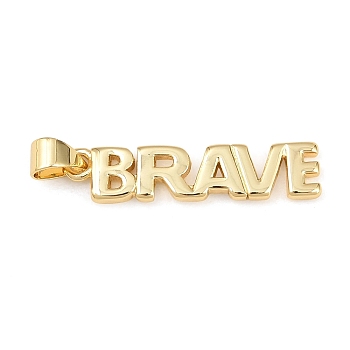 Brass Pendants, Word Brave Charms, Long-Lasting Plated, Rack Plating, Lead Free & Cadmium Free, Real 18K Gold Plated, 27.5x6x2mm, Hole: 5x3.5mm