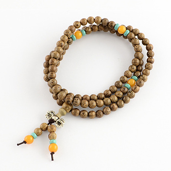 Dual-use Items, Wrap Style Buddhist Jewelry Wenge Wood Round Beaded Bracelets or Necklaces, Tan, 600mm, 108pcs/bracelet