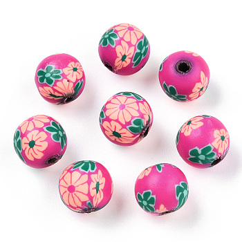 Handmade Polymer Clay Beads, Round with Flower Pattern, Camellia, 10mm, Hole: 1.5~2mm