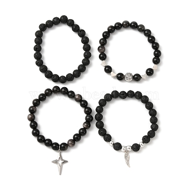 4Pcs 4 Style Natural Silver Obsidian & Lava Rock Stretch Bracelets Set(BJEW-JB09480)-4