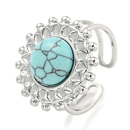 304 Stainless Steel Synthetic Turquoise Cuff Rings, Flower Open Rings for Women, Flower, Stainless Steel Color, 20.5mm, Inner Diameter: Adjustable(G-Z056-08P-04)