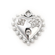 Alloy Crystal Rhinestone Pendants, with ABS Plastic Imitation Pearl Beads, Heart Charms, Platinum, 17x15.5~16x4.5mm, Hole: 1.6mm(ALRI-K048-06P)