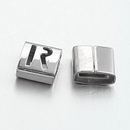 Tarnish Resistant Letter Style 201 Stainless Steel Square Slide Charms, Letter.R, 9x8x4mm, Hole: 8x3mm(STAS-L132-07)