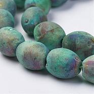 Electroplated Natural Druzy Geode Agate Bead Strands, Drum, Green Plated, 11.5~12x10mm, Hole: 1mm, about 16pcs/strand, 7.67 inch(G-P251-F01)
