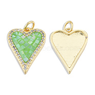 Brass Micro Pave Clear Cubic Zirconia Pendants, with Jump Rings and Shell, Enamel, Real 18K Gold Plated, Nickel Free, Heart, Light Green, 20x14.5x3mm, Jump Ring: 5x1mm, 3mm inner diameter(KK-N227-93E)