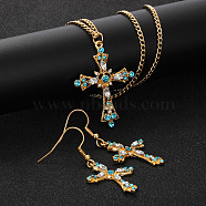 Cross Alloy Indicolite Rhinestone Pendant Necklaces & Dangle Earrings Sets, Golden, 460mm(FS-WGB8FD1-02)