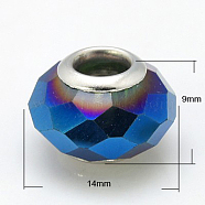 Electroplated Glass European Beads, with Brass Double Cores, Faceted, Royal Blue, 14x9mm, Hole: 5mm(GPDL-H006-14)