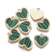 316 Surgical Stainless Steel Charms, with Acrylic, Stripe Heart, Golden, Green, 11x12x1.5mm, Hole: 1.2mm(STAS-H100-56G-A)