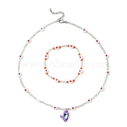Acrylic and Glass Seed Heart Beaded Stretch Bracelet & Pendant Necklace, Jewelry Sets, Red, 2-1/8 inch(5.5cm), 16-3/8 inch(41.5cm)(SJEW-JS01282)