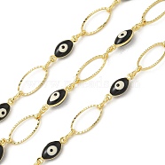 Rack Plating Brass Enamel Link Chains, Long-Lasting Plated, Unwelded, Real 18K Gold Plated, Oval with Evil Eye, Black, 13~13.5x5~7x0.8~4mm(CHC-P012-11G-05)