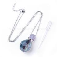 Natural Fluorite Openable Perfume Bottle Pendant Necklaces, with 304 Stainless Steel Cable Chain and Plastic Dropper, Bottle, Size: about 34~40 long, 15~20mm wide(NJEW-G325-03P)