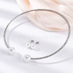 Round Plastic Imitation Pearl Stud Earrings & Rhinestone Cuff Choker Necklaces Sets, 304 Stainless Steel Jewerly Set for Women, Stainless Steel Color, Inner Diameter: 4.43 inch(112.5mm)(SJEW-U003-04P)