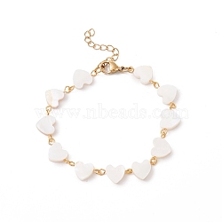 Natural Shell Heart Link Chain Bracelet, 304 Stainless Steel Jewelry for Women, Golden, White, 6-7/8 inch(17.4cm)(BJEW-C015-03G)