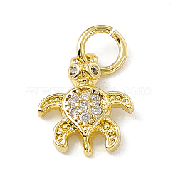 Brass Micro Pave Cubic Zirconia Charms, with Jump Ring, Tortoise Charm, Real 18K Gold Plated, 12.5x10x2.5mm, Hole: 3mm(ZIRC-F132-32G)