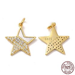 925 Sterling Silver Micro Pave Cubic Zirconia Pendants, Star Charm, with Shell & Jump Ring & 925 Stamp, Real 18K Gold Plated, 16.5x15x1.5mm, Hole: 3mm(STER-I010-06G)