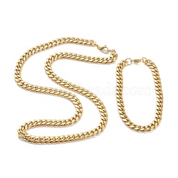 Ion Plating(IP) 304 Stainless Steel Cuban Link Chain Bracelets & Necklaces Jewelry Sets, with Lobster Claw Clasps, Golden, 23.62 inch(60cm), 9-1/8 inch(23cm), Link: 10x8x3mm(SJEW-B019-03B-G)