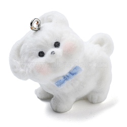 Flocky Resin Pendants, With Platinum Iron Loop, Dog with Bowknot, White, 30.5x35x18.5mm, Hole: 2mm(RESI-Q002-06C)