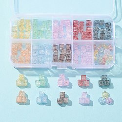155Pcs 10 Style Transparent Crackle Glass Beads, Dyed & Heated, Rondelle & Square, Mixed Color, 6~8x6~8x4~6mm, Hole: 1.4mm(GLAA-FS0001-47)