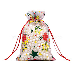 Christmas Theme Rectangle Printed Organza Drawstring Bags, with Glitter Powder, white, Star Pattern, 15x10cm(CON-PW0001-066A-03)