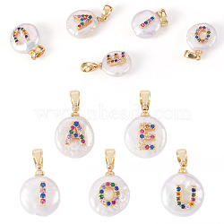 5Pcs 5 Styles Natural Cultured Freshwater Pearl Pendants, with Brass Micro Pave Colorful Cubic Zirconia Findings, Nuggets with Letter, Long-Lasting Plated, Golden, Letter, 17~27x12~16x6~12mm, Hole: 4x2.5mm, 1pc/style(KK-TA0002-27)
