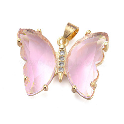 Brass Micro Pave Clear Cubic Zirconia Pendants, with Glass, Butterfly, Golden, Thistle, 20x26.5x5mm(ZIRC-P079-A01-04)