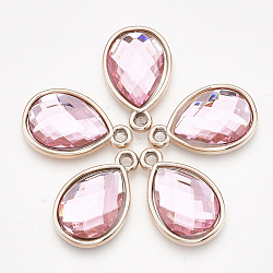 UV Plating Acrylic Pendants, with Acrylic Rhinestone, Faceted, Teardrop, Light Gold, Pink, 25x16x4.5mm, Hole: 2mm(OACR-T005-84KC-07)