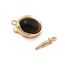 Brass Box Clasps, with Natural Tiger Eye, Oval, 11.5x19x9mm, Hole: 1.2mm(KK-C075-13G-01)