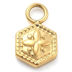 Ion Plating(IP) 304 Stainless Steel Charms, Hexagon with Flower Charm, Real 14K Gold Plated, 11.5x7.5x2.5mm, Hole: 2.5mm(STAS-P379-03E-G)