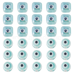 SUPERFINDINGS 40Pcs 2 Style Handmade Porcelain Beads, Bright Glazed Ceramic Beads with Evil Eye, Cube & Flat Round, Turquoise, 8~9.5x8~8.5x5~8.5mm, Hole: 1.5mm, 20pcs/style(PORC-FH0001-06B)