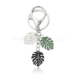 Baking Paint Alloy Tropical Leaf Pendant Keychains, with Split Key Ring Clasps, Stainless Steel Color, 88mm(KEYC-YW00245-01)