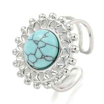 304 Stainless Steel Synthetic Turquoise Cuff Rings, Flower Open Rings for Women, Flower, Stainless Steel Color, 20.5mm, Inner Diameter: Adjustable